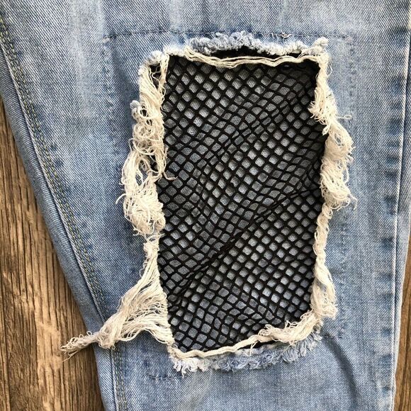 BOOHOO Blue Boyfriend Distressed Ripped Fishnet Light Wash Jeans - Picture 13 of 16